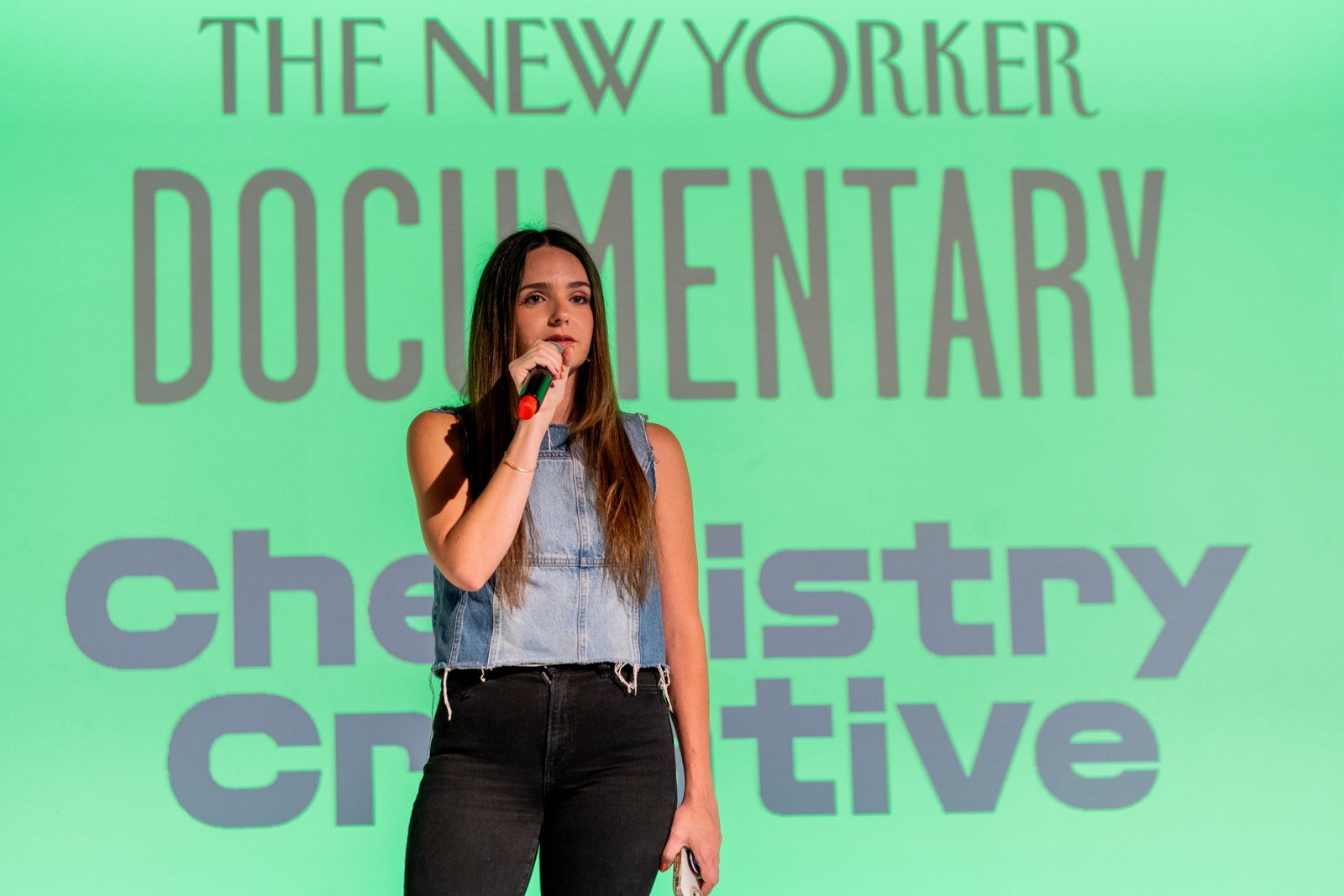 Melissa on stage at The New Yorker Documentary screening